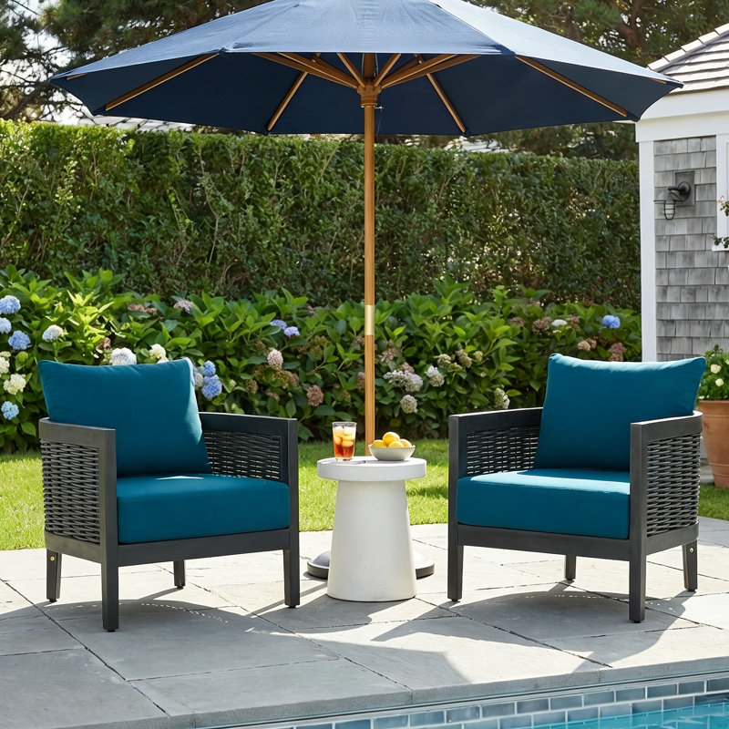 Fauteuils club d'extérieur en bois d'acacia avec coussins Boling, Dark Teal Polyester Cushion/Black Frame