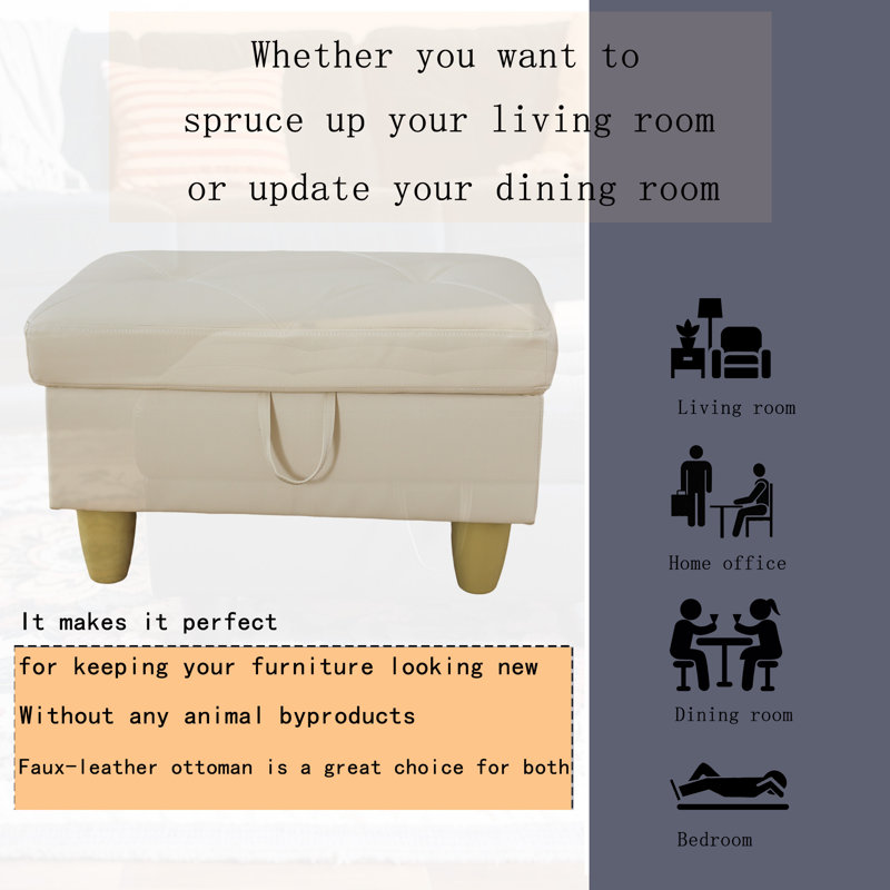 Keevha 28.5''Wide Rectangle Solid Colour Storage Ottoman, White Faux Leather
