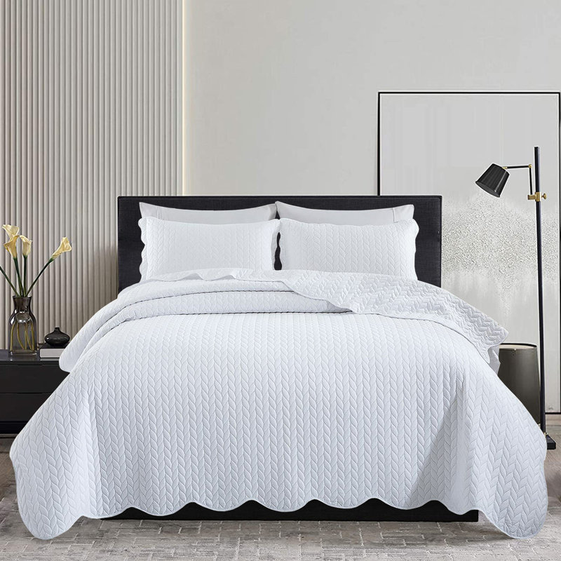 Microfiber Embossed Bedspread Set, White, Queen Bedspread + 2 Standard Shams