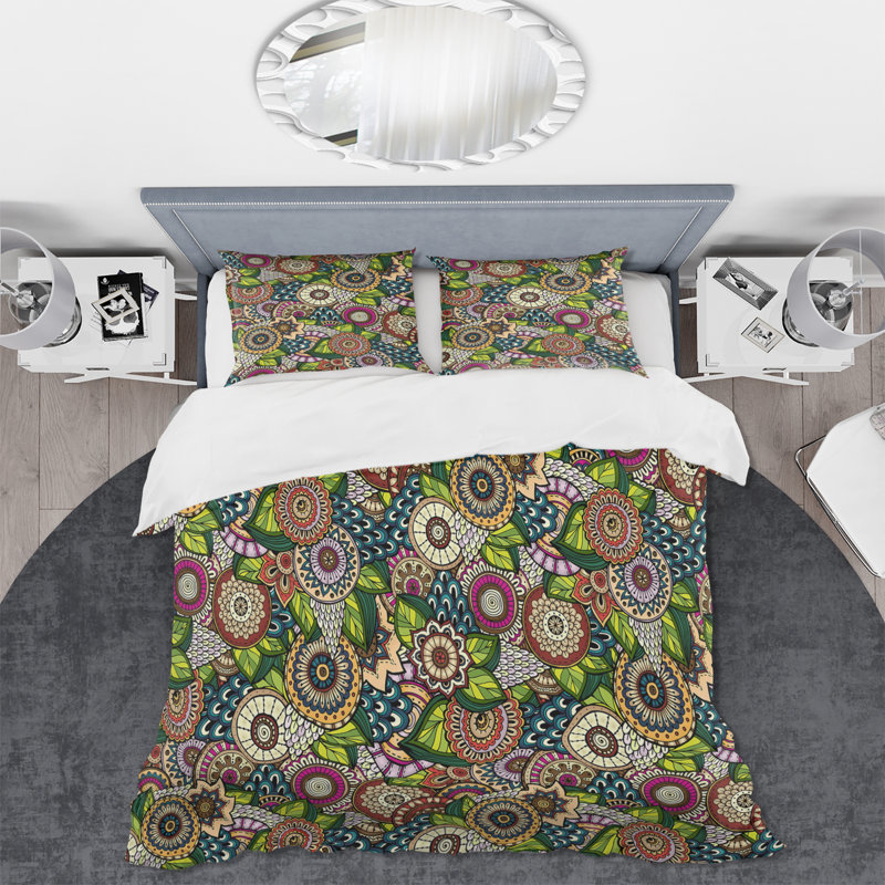 Fleurs rétro brun et bleu III - ensemble de housse de couette moderne - microfibre de polyester