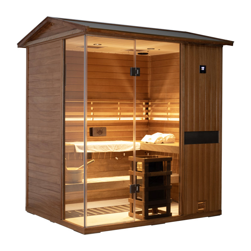 Samsora Outdoor Traditional Steam Sauna for 4-Person, 3800W/240V, Mid-Infrared Lamp, 95℉-230℉, Mahogany Wood, Built-In Bluetooth Speaker, Includes Sauna Heater and Sauna Stone, Negative Ion Board