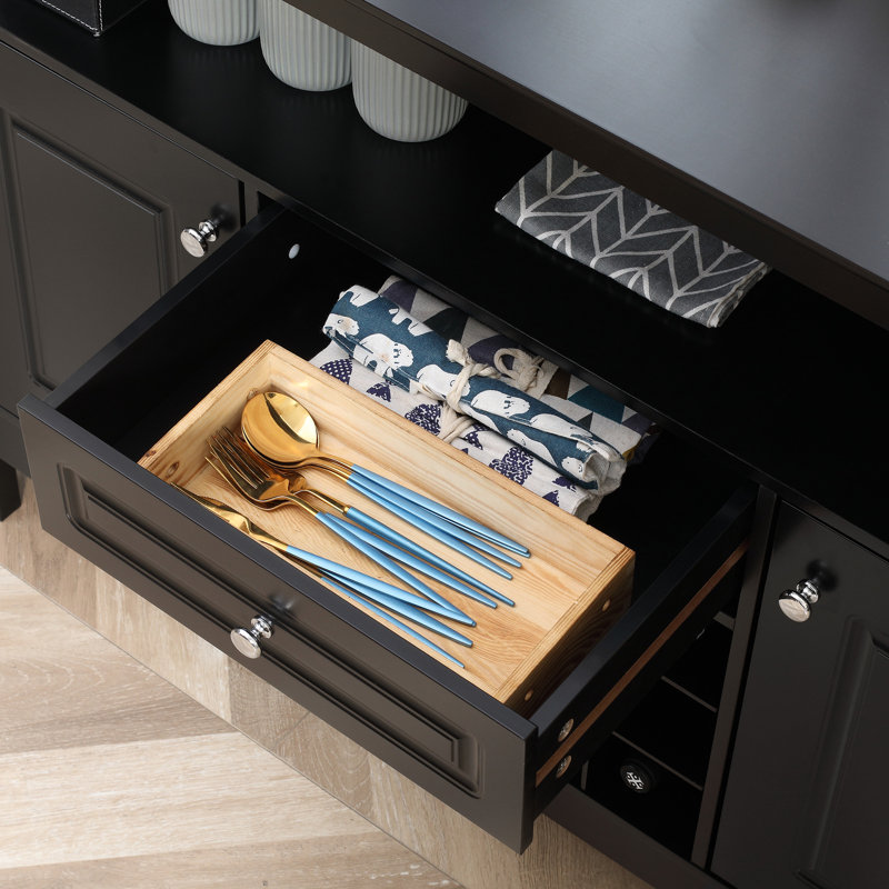 Brycin Modern Wine Buffet Sideboard Storage Natural Wood Top with Drawer, Black