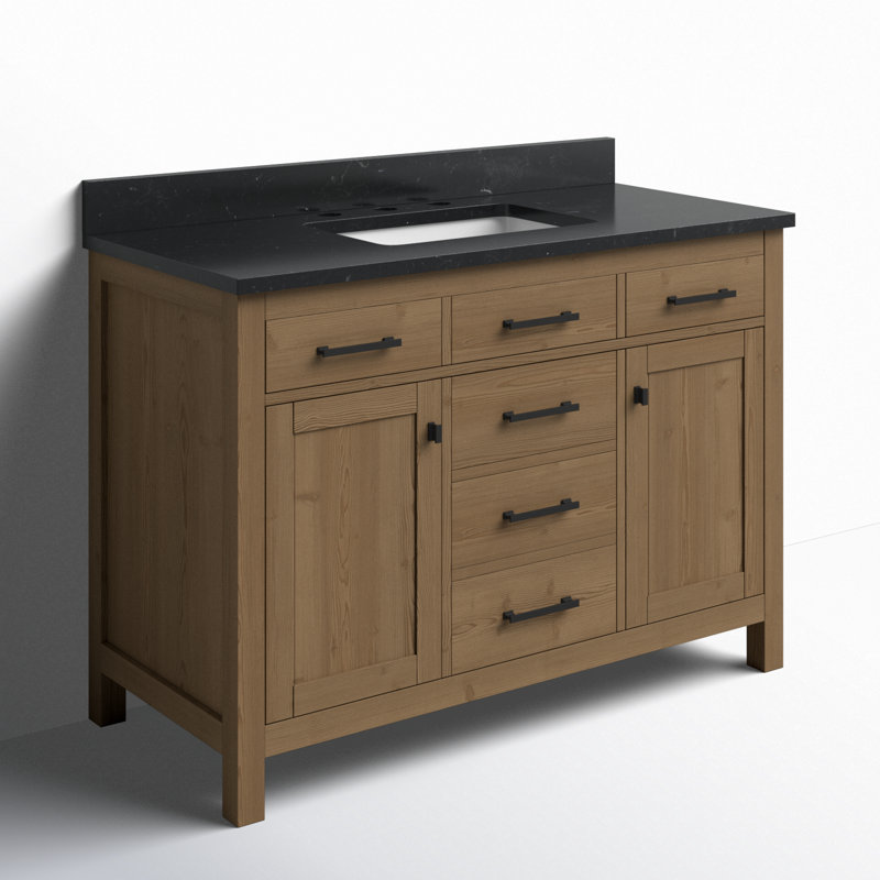 Meuble-lavabo simple 48 po Ajiya, Naturel texturé / noir mat, Calcaire bleu