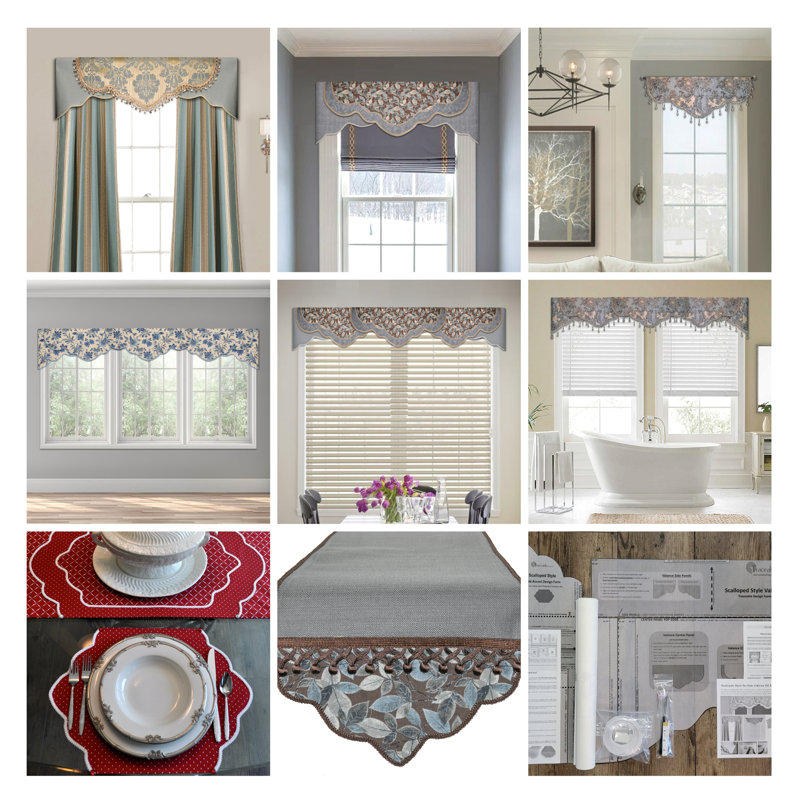 Gray and Beige Scalloped Rod Pocket Valance with Beaded Trim