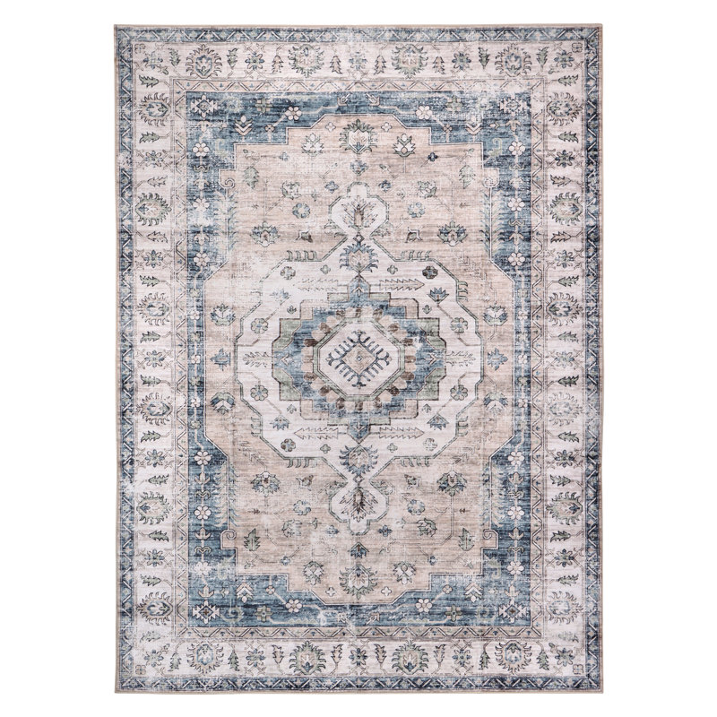Bungalow Rose Light Blue/Ivory Machine Washable Area Rug – Non-Slip, Stain Resistant, GRS Certified, for Bedroom, Living & Dining