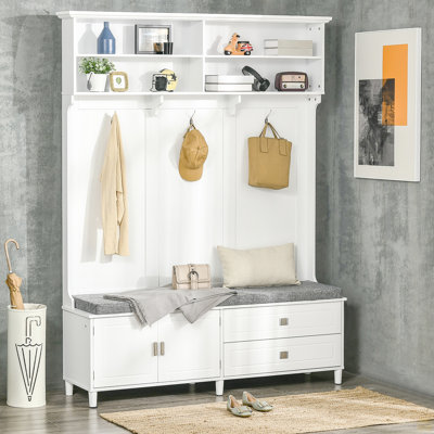 Hall Tree With Storage Bench, Entryway Bench With Coat Rack, Accent Coat Tree With Storage Shelves, Cabinet And Drawers
