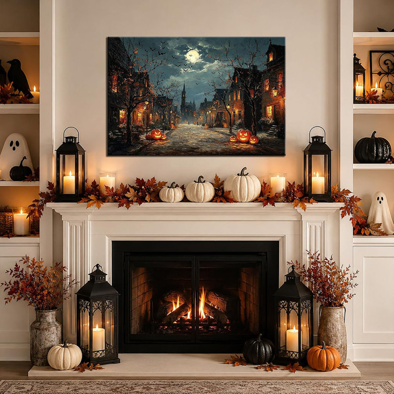 Fall Halloween Wall Art, Gothic Village Moonlight Scene Halloween Pictures Wall Decor, Modern Gallery-Inspired Style for Living Room Bedroom Entryway, Halloween Canvas Artwork 18×24 inches