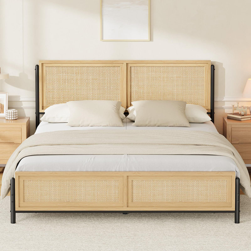 Cadre de lit Boho avec tête et pied de lit en rotin naturel, Très grand lit