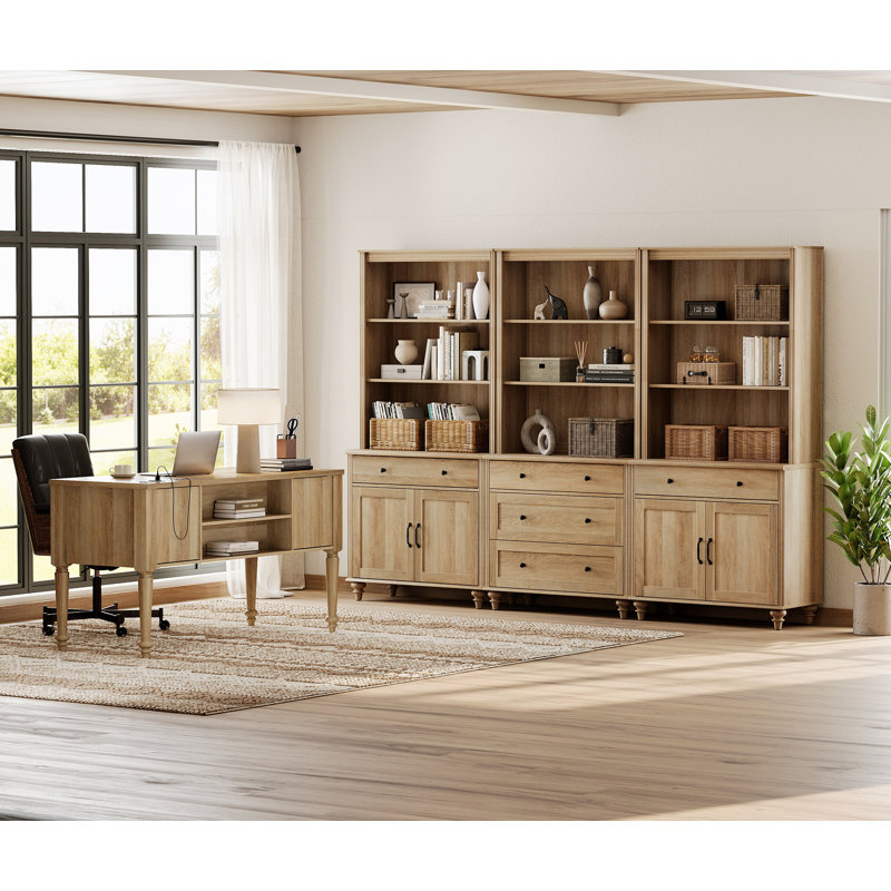 2 - Piece Office Set, 56" Executive Desk, Bookcases With 5 Drawers And 2 Doors, Oak
