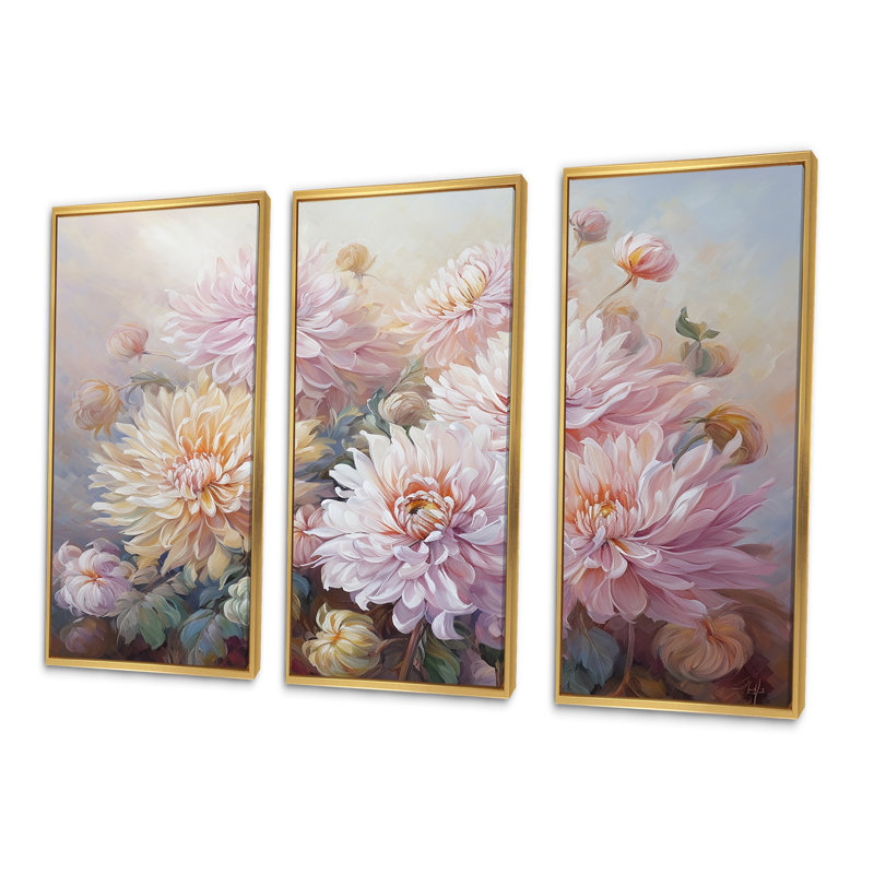 Rose et mauve, ensemble d'art sur toile, Cadre flottant doré, H 28 po x l 36 po x P 1 po