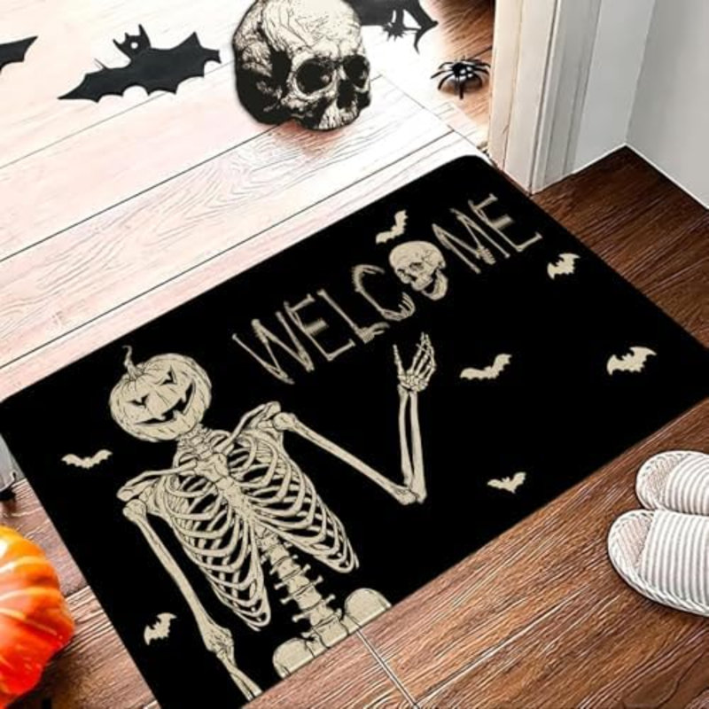 Tapis de porte d'Halloween, tapis de bienvenue d'Halloween squelette Spooky, tapis d'entrée de paillasson d'Halloween, noir, 17 po x 30 po