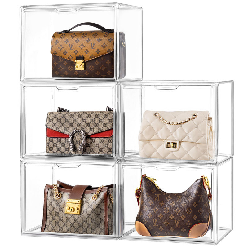Purse Storage Organizer For Closet, Large Stackable Handbag Display Case Box With Magnetic Door For Collectibles, Cosmetics, Heels,(Clear /5 PCS)
