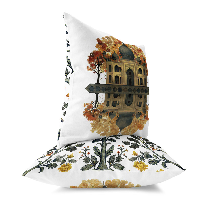 Coussin décoratif intérieur / extérieur Mughal Waterside Paradise, H 26 po x l 26 po, Vert / orange