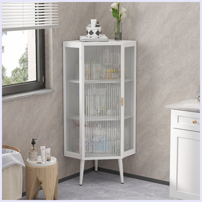 Modern Coner Cabinet with Tempered Glass Doors and Storage Shelves