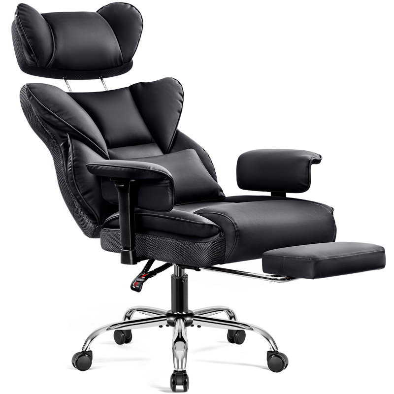 Big And Tall Adjustable Luxury Office Leather Chair With Adjustable Headrest And Footrest, Black