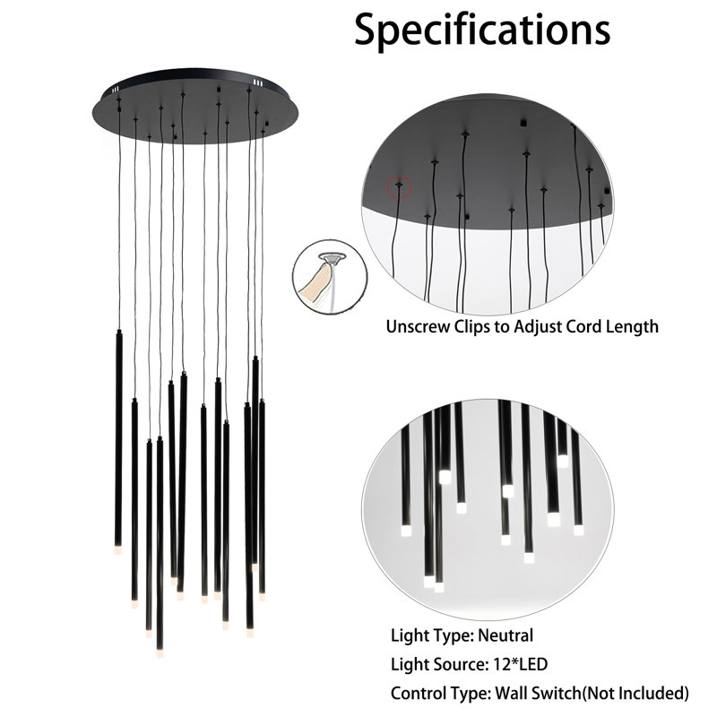 Teylie Long Attic Cluster Pendant Kitchen Island LED Chandelier, 12, Black