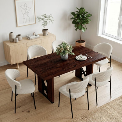 Rectangular Dining Table Set of 4, 180 cm Walnut Finish Top with 4 Corduroy Dining Chairs, Modern MDF Minimalist Kitchen Table for Dining Rooms, Kitchens