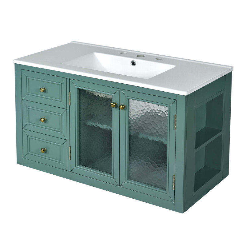 Meuble-lavabo mural sophistiqué avec lavabo en céramique et beaucoup de rangement