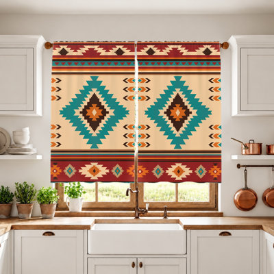 2 pièces rideaux à motif tribal à motif de losanges du sud-ouest, tissu imprimé aztèque géométrique, style bohémien rétro, filtrant la lumière, protection de la vie privée, pour le salon, la chambre, le balcon, la cuisine