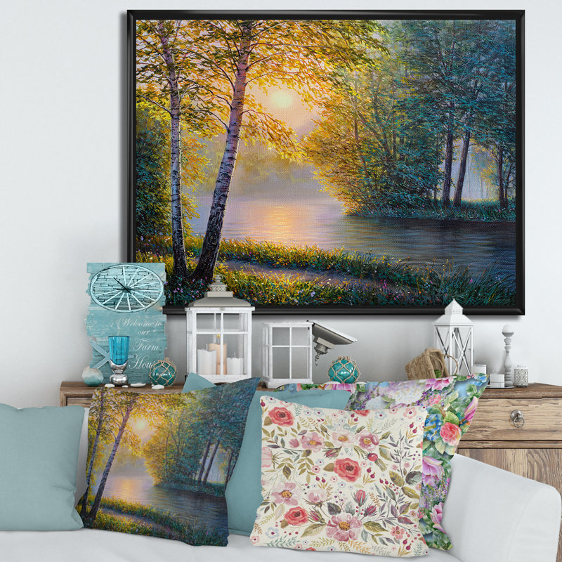 «Morning Summer With Beautiful River Spring Forest», peinture sur toile, H 30 po x l 40 po x 1,5 po, Cadre flottant noir