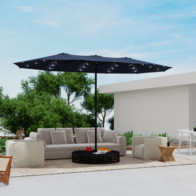 Parasol d'extérieur double face 15 pi x 9 pi avec base + lumières DEL intégrées