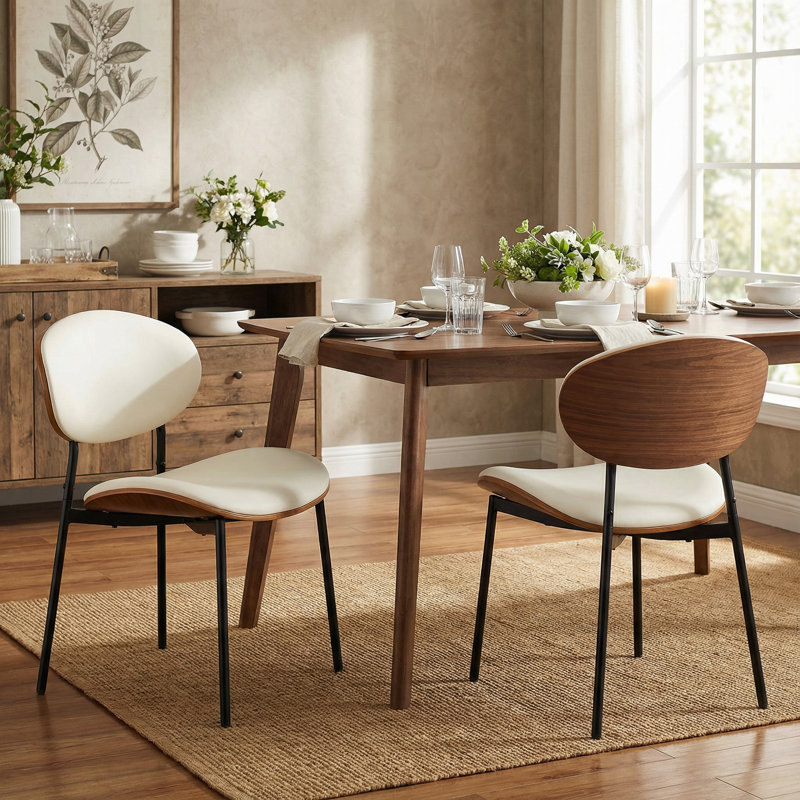 Mid-Century Modern Dining Chairs Set Of 2 - Premium Walnut Bentwood With Ergonomic PU Leather Upholstery, Beige/White