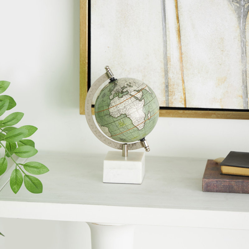 Globe terrestre éducatif en marbre blanc avec base en marbre, H 8,75 po x l 5 po x P 5,5 po, Gris / Blanc