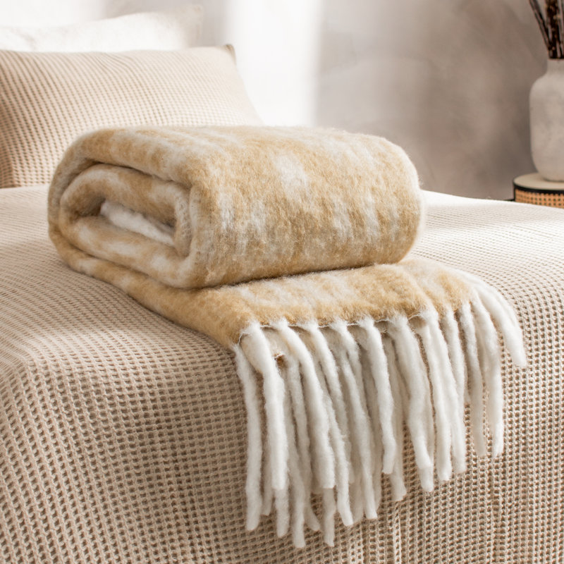 Laughton Abstract Machine Woven Blanket with Fringe, Yellow