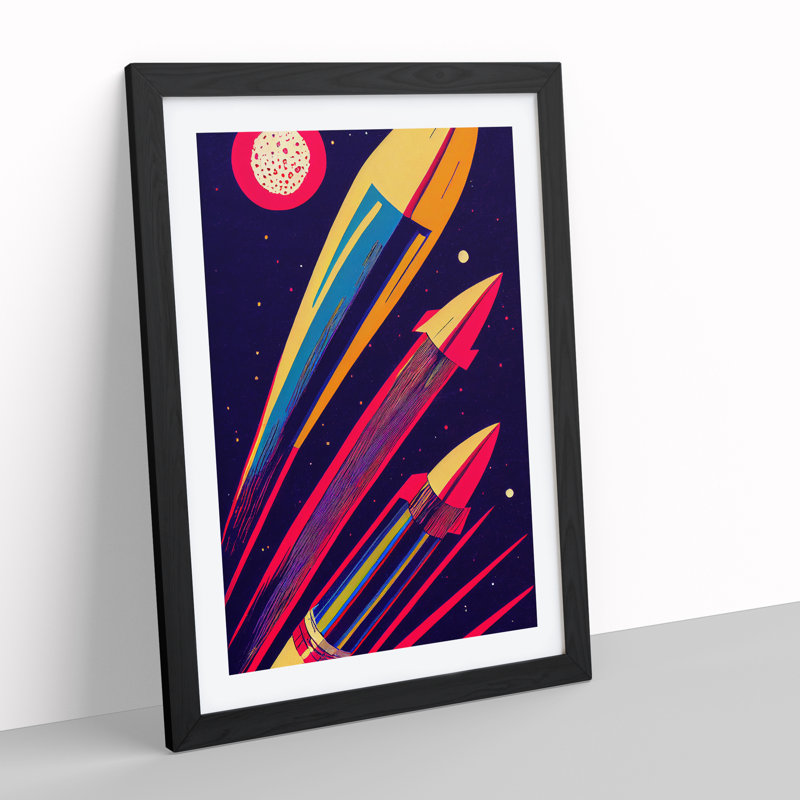 XC1022-3775X Retro Art Spaceship Rockets 1 Piece Wall Art on Canvas, 34cm H x 25cm W x 3cm D, Black Framed