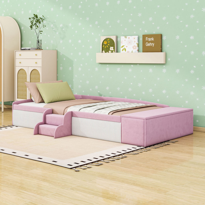 Lit rembourré en velours avec repose-pieds avec rangement intégré, Lit simple, Rose/Blanc