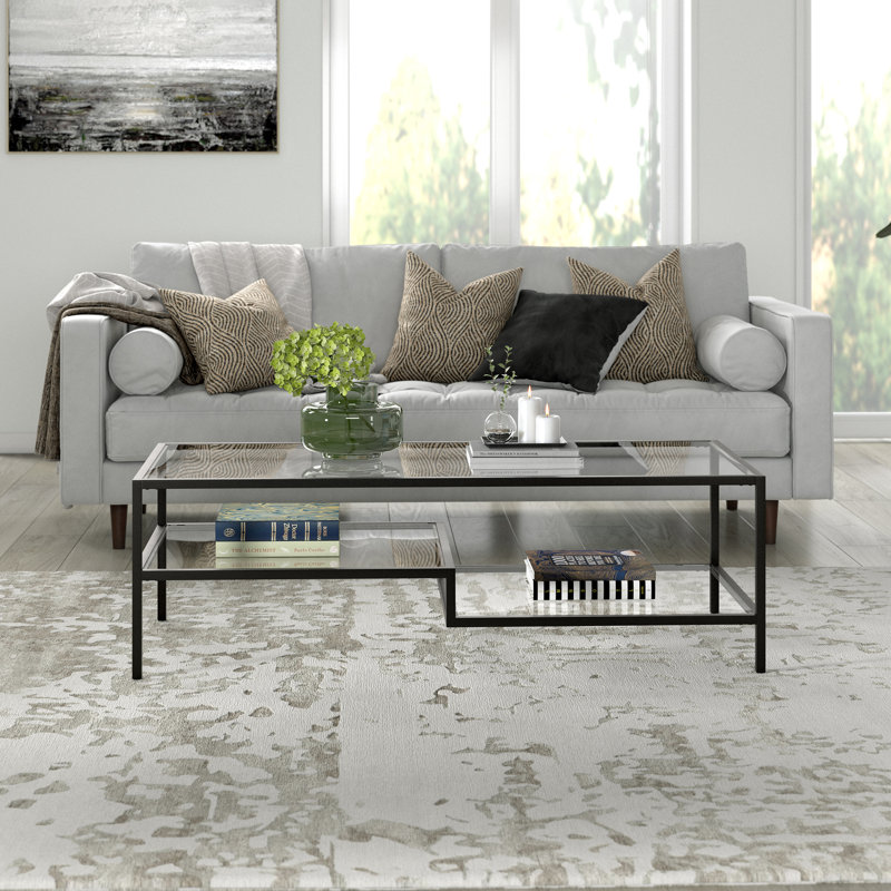 Four Leg Coffee Table with Storage, Brass, 43 cm H x 137 cm W x 61 cm D