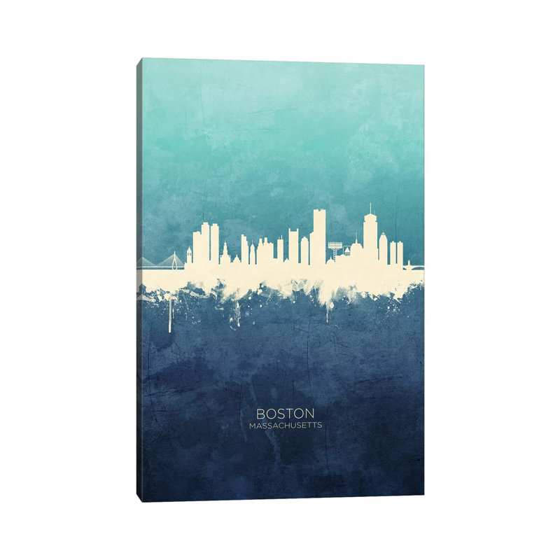 «Boston Massachusetts Skyline Navy Cyan» par Michael Tompsett, impression sur toile tendue, H 26 po x l 18 po x 1,5 po