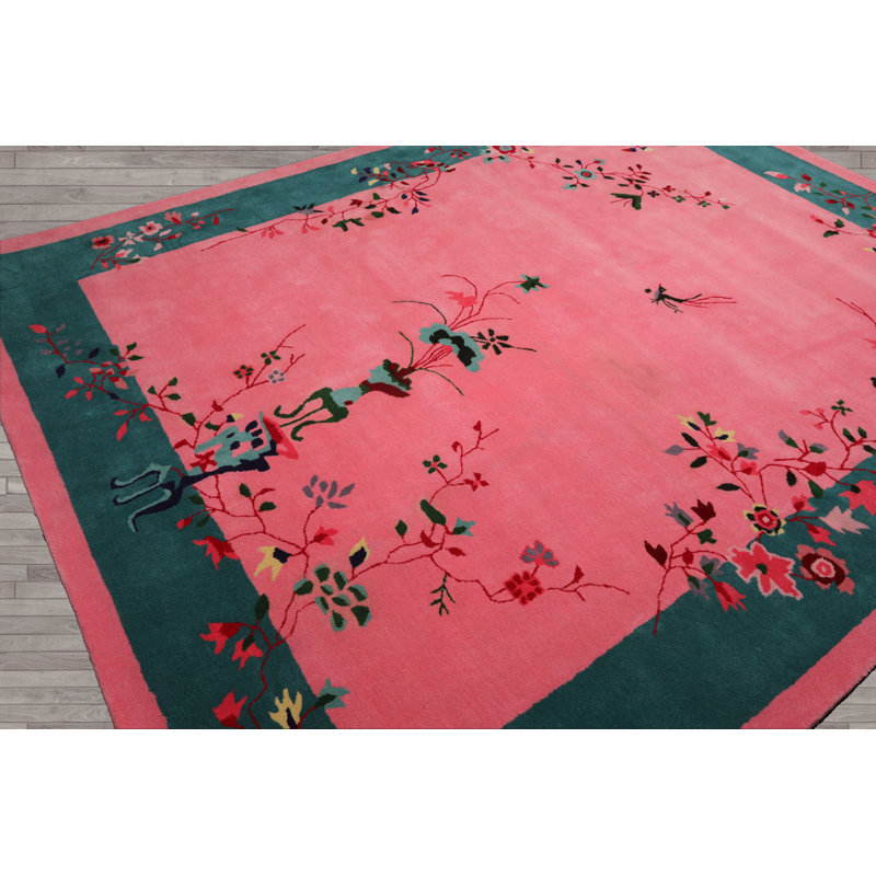 Tapis multicolore touffeté à la main rose dans un vase Art déco, Rectangle de 5 pi x 8 pi