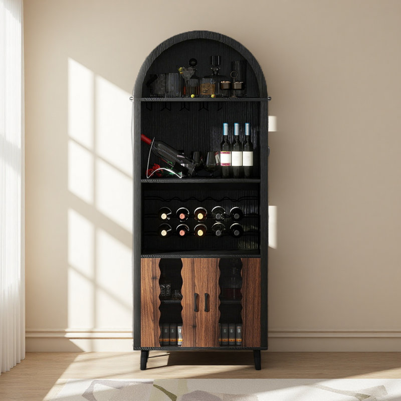 71"Farmhouse Arched Bar Cabinet: Tall Arched Display Cabinet , Arch Wine Bar Cabinets &Coffee Bar, Whiskey Station With Wine Rack And Wine Glass Holder