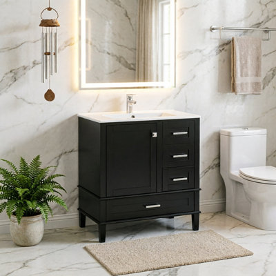 Meuble-lavabo de 76 cm (30 po), meuble de salle de bain moderne avec lavabo intégré, meuble de rangement avec 1 porte et 3 tiroirs à fermeture amortie, structure en bois massif, noir