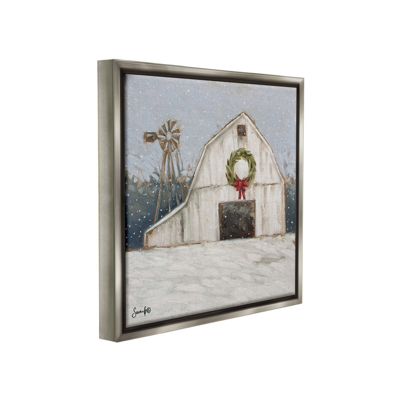"Winter Barn With Snowflakes" par Sara G., motifs sur toile, Cadre flottant gris lustré, H 18 po x l 18 po