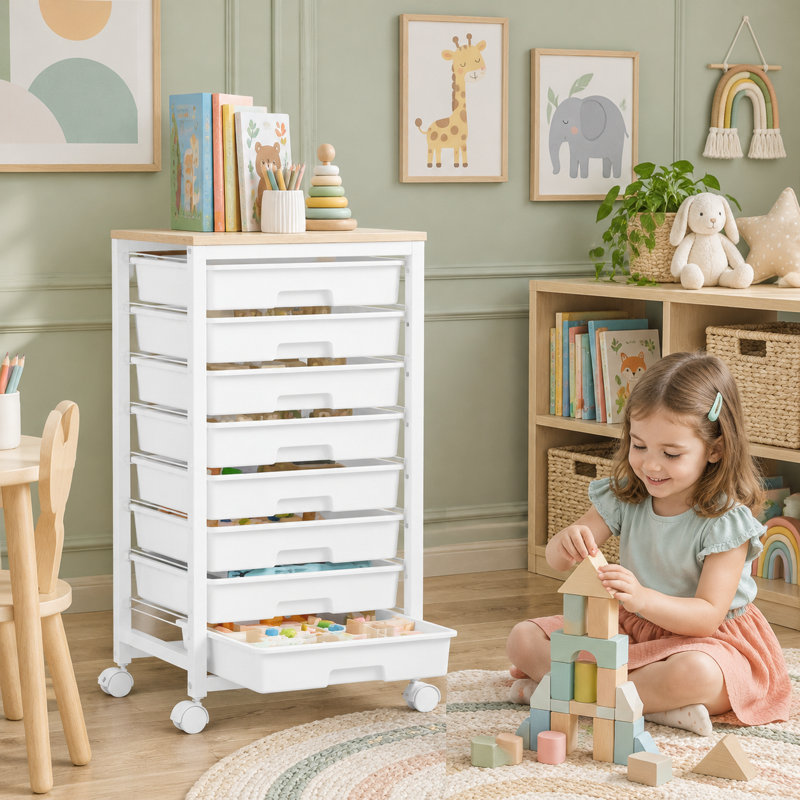 Organisateur blanc à 8 tiroirs avec plateau de table en bois, conçu pour un assemblage et un rangement faciles dans les salles de classe et les bureaux