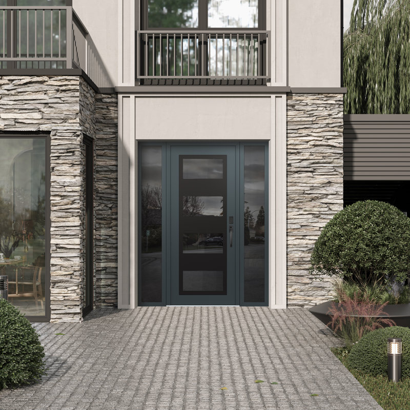 Panneau d'entrée en acier noir anthracite / anthracite avec 2 panneaux latéraux pré-suspendus, L 64 po x H 80 po, Miroitant
