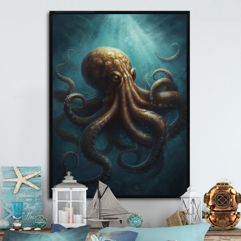 Pieuvre brune et bleue sous la mer sur toile, H 40 po x l 30 po x P 1,5 po, Cadre flottant noir