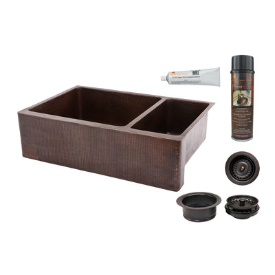 33" Hammered Copper Kitchen Apron 75/25 Double Basin Sink with Matching Drains, and Accessories