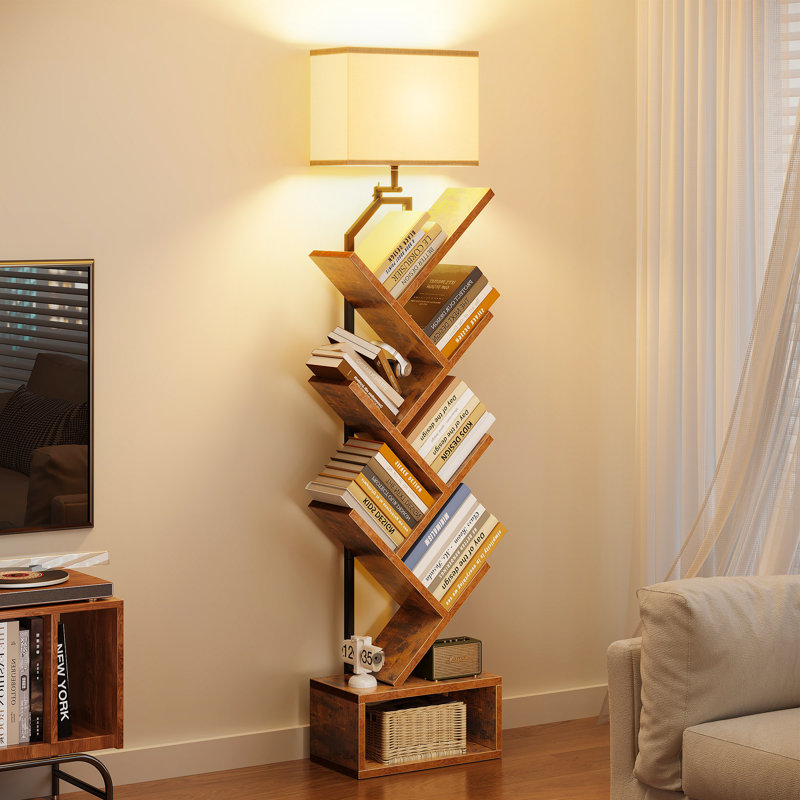  Built-in Adjustable Lamp With Tree Bookshelf, Floor Lamp With Spacious Storage Space, Utility Book Organizer Shelves With Stable Structure