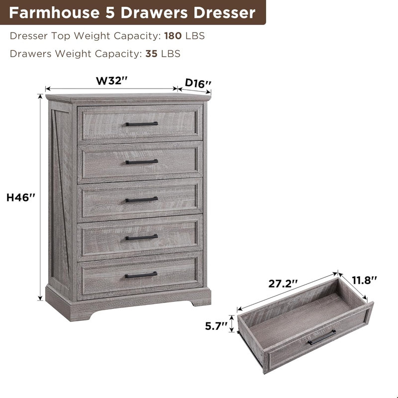 Commode 5 tiroirs Quintone, Gris
