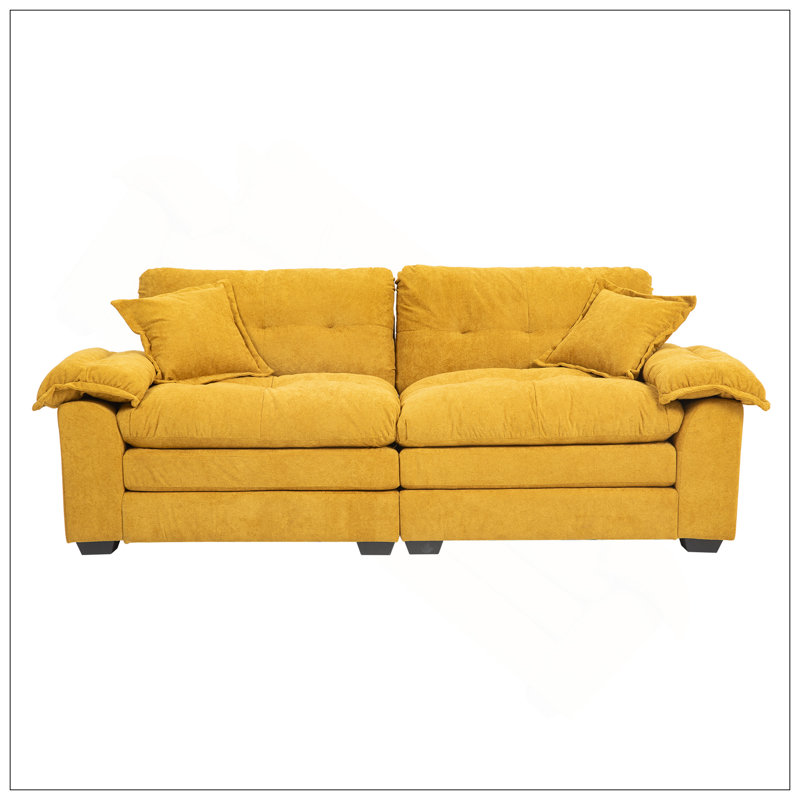Canapé 84 po en chenille 84 po avec 2 coussins décoratifs et mousse à mémoire de forme pour salon, Jaune