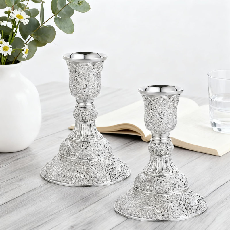 Set Of 2 Vintage Taper Candle Holders, Metal Candlestick Holders With Floral Carving For Dining Table Centerpieces And Wedding Decor