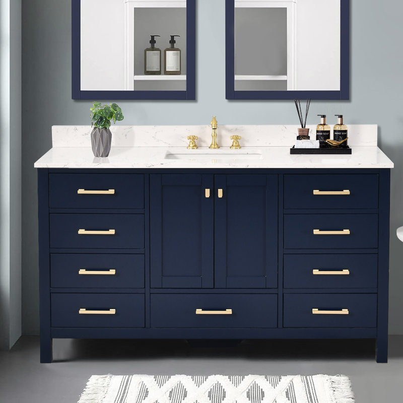 Render 60'' Single Bathroom Vanity With Engineered Stone Top, Blue, Brushed Gold