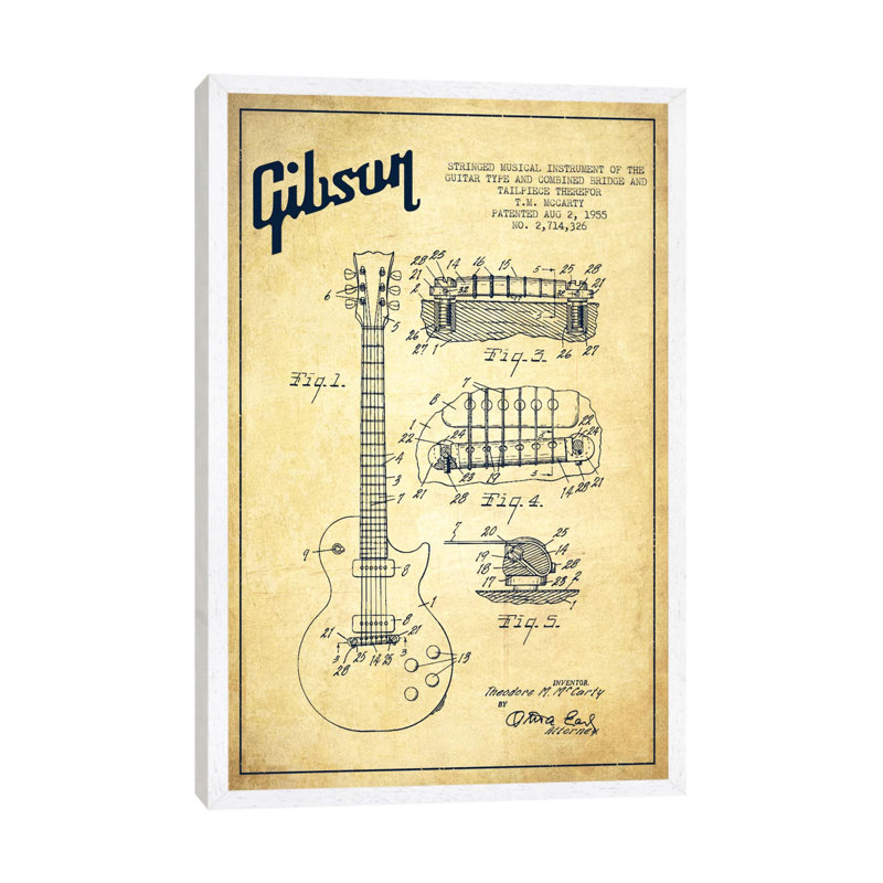 Gibson Guitar - Print on Canvas, 101.6 cm H x 66.04 cm W, White Framed