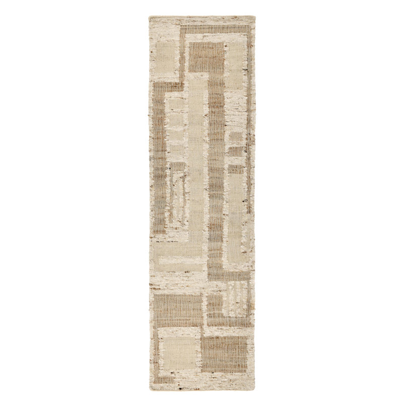 Ivory and Beige Handwoven Wool and Cotton Runner Rug