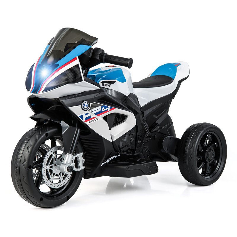 Motocyclette pour enfant avec moteur à piles 3 roues, klaxon, musique, MP3, port USB, Blanc