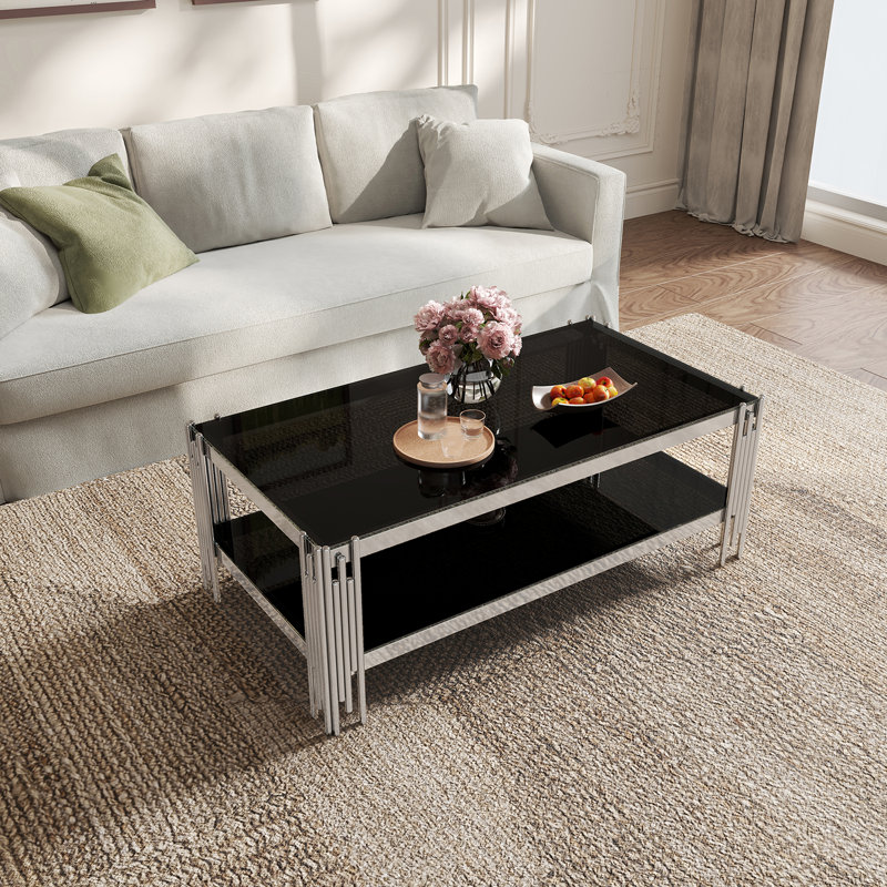Table basse supérieure et inférieure en verre trempé double couche et cadre en acier inoxydable à finition miroir