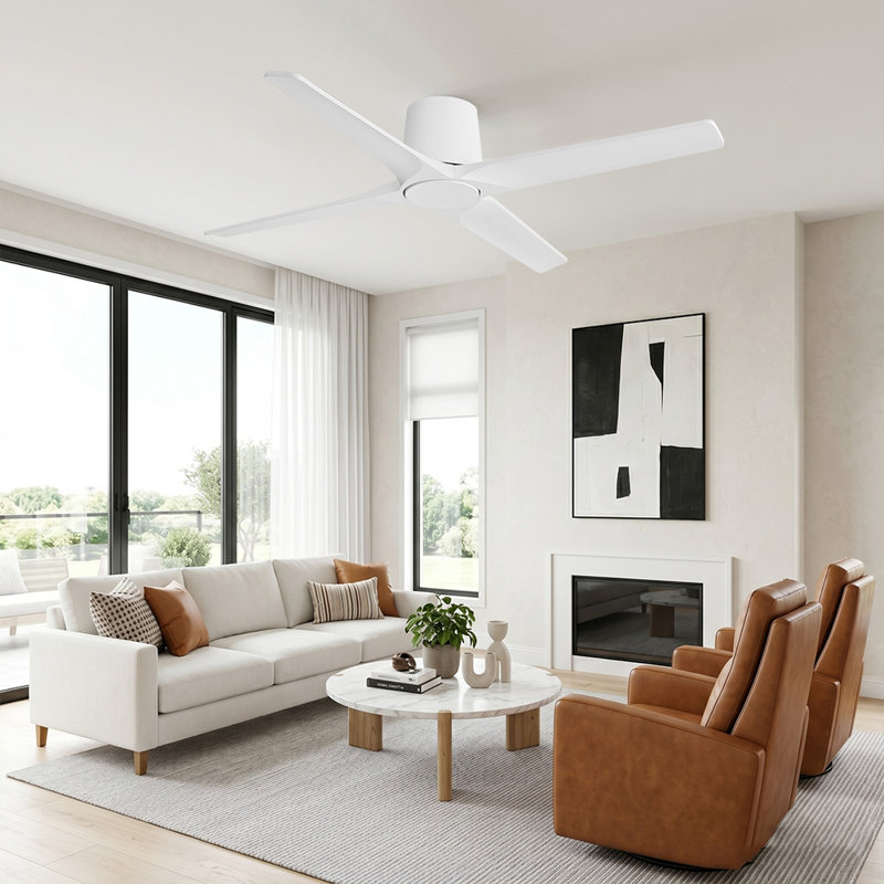 Ventilateur de plafond encastré standard à 4 pales en bois massif avec télécommande, 48, Blanc, Blanc